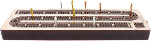 3 Track Continuous Cribbage Board Inlaid in Rosewood, Maple Wood, 12.5 Inches with Storage Drawer for Pegs