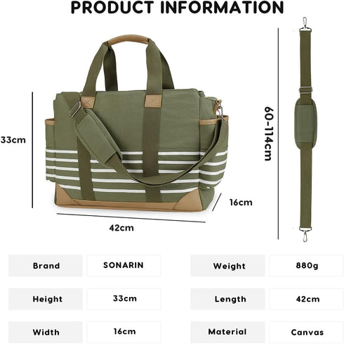 SONARIN Mummy Canvas Diaper Bag Tote,Large Capacity Travel Baby Nappy Changing Bag Messenger Bags with Stroller Straps