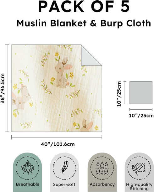 5 Pack Muslin Swaddle Blankets & Baby Burp Cloths, Soft & Breathable Cotton Baby Blankets, Receiving Blankets