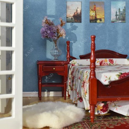 iLAND Wooden Dollhouse Furniture, 1/12 Scale Bedroom Set in Mahogany Color, 6pcs