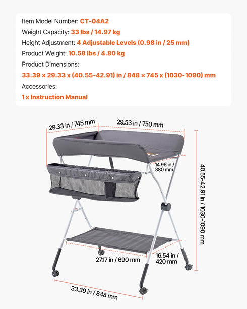 VEVOR Baby Changing Table, Foldable Diaper Change Station with Side Basket, Adjustable Height Changing Table