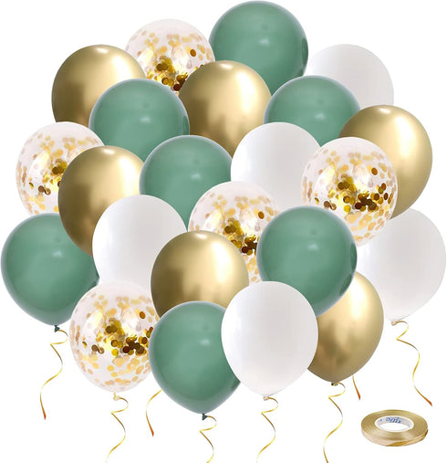 Green and Gold Party Balloons, 50 Pcs 12 Inch Retro Sage Green White Metallic Balloons with Gold Confetti for Wedding