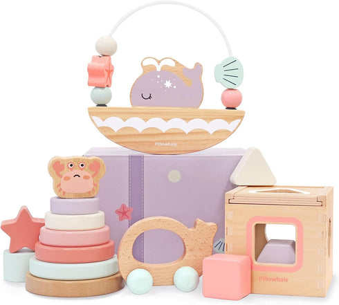 Set 12M+ 4-in-1 Pillowhale Montessori Wooden Toys for Toddlers Educational Toy with Stacking Rings, Shape Sorter, Bead