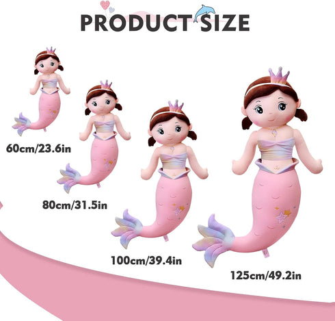 Mermaid Stuffed Animal Plush, 31.5in Cute Soft Pink Hugging Mermaid Plushies, Kawaii Birthday Gift for Adults Kids