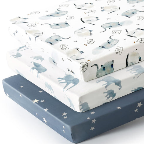 Fitted Pack n Play Sheets, 3 Pack Stretchy Ultra Soft Jersey Knit Sheets for Portable/Mini Crib Mattresses