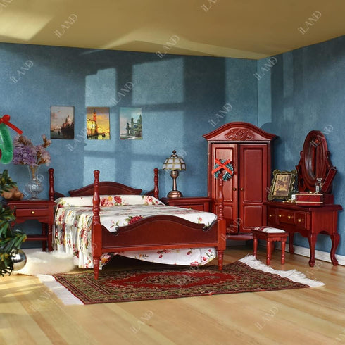 iLAND Wooden Dollhouse Furniture, 1/12 Scale Bedroom Set in Mahogany Color, 6pcs