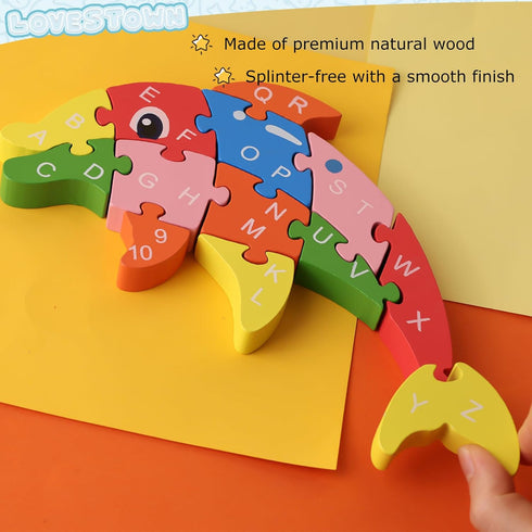 LovesTown Dolphin Wooden Puzzle, 26PCS Jigsaw Puzzle Alphabet and Number Blocks