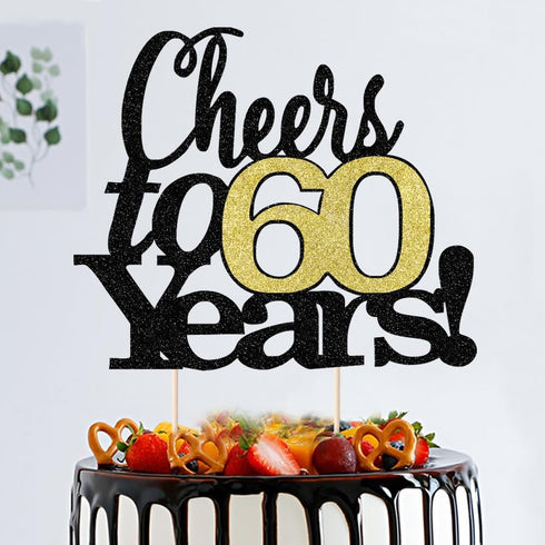 LVEUD Black Font Golden Numbers Cheers to 60 Years Happy Birthday Cake Topper - Wedding, Anniversary, Birthday