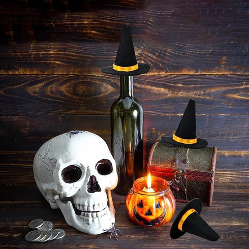 6pcs Mini Witch Hats for Crafts, Tiny Wizard Hat Felt Doll Witch Hat for Wine Bottle Decor, Halloween Decor