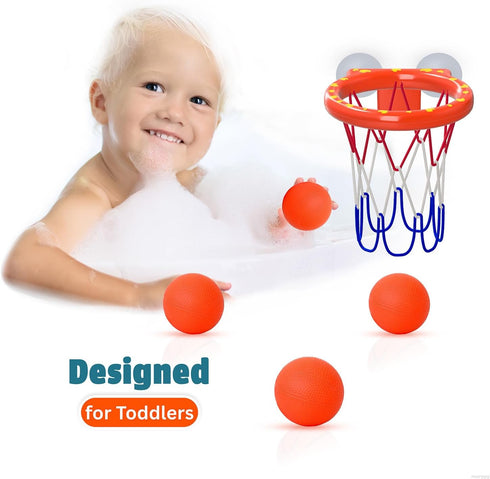 Bath Toys – Bathtub Basketball Hoop for Toddlers, 4 No-Hole Balls & Strong Suction Cups, Fun Bath Toy