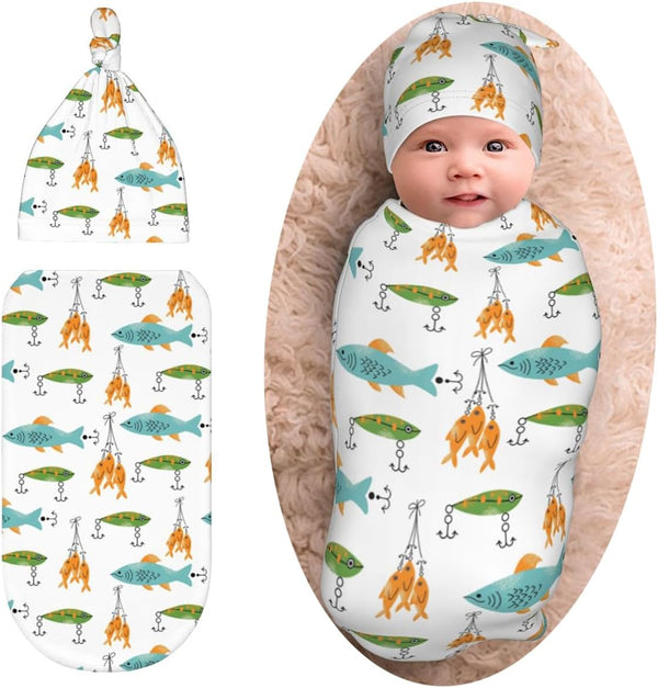 Osvbs Fishing Baby Stuff Swaddle Blankets Beanie Hat Sets, Soft and Stretchy Newborn