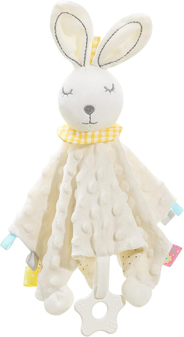 Zooawa Loveys for Babies, Soft Stuffed Animal Bunny Lovey Snuggle Blanket with Tags Teether Bells (White Rabbit)