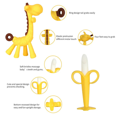 Baby Teething Toys 3-6 Months - Silicone Teether Freezer BPA Free, Giraffe and Banana Finger Toothbrush for Infants