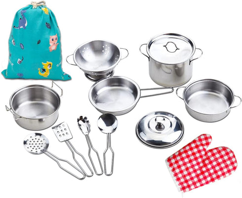 Play Pots and Pans Sets for Kids, Stainless Steel Cookware Toys Gift Set for Pretend Play Kitchen Accessories