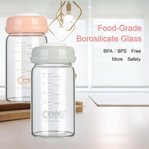 6oz (2 Pack COMI Wide Neck Glass Breastmilk Collection n Storage Bottle, with Screw Ring Sealing Disk; Re-markable