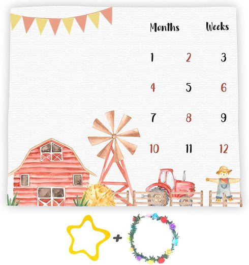 Farm Theme Baby Monthly Milestone Blanket, Soft Flannel, 48x40in, Tractor and Barn Backgrounds, Newborn Mom Gifts, Baby