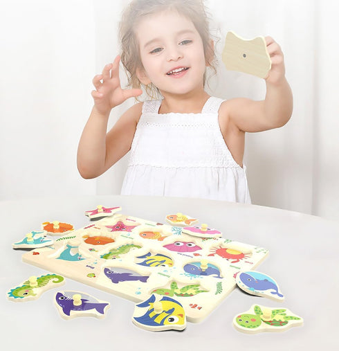 18 11 Wooden Peg Puzzle, Sea Creature Chunky Baby Puzzles, Colorful Wood Shape Puzzle Peg Board, Animal Knob Puzzles