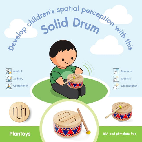 PlanToys Solid Drum Toddler Musical Instrument - Sustainably Made from Rubberwood with Organic-Pigment Coloring