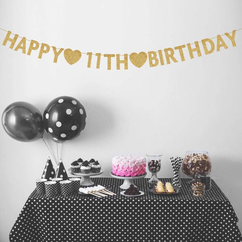 Gold Happy 11th Birthday Banner, Glitter Decorations for 11 Years Old Boy or Girl Party Supplies