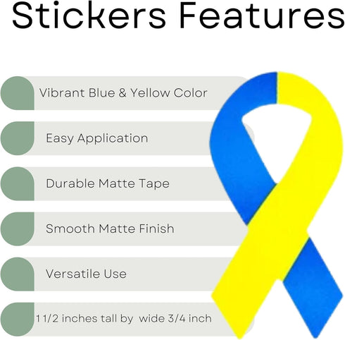 250 Small Blue & Yellow Ribbon Awareness Stickers for Support Ukraine and Down Syndrome Awareness