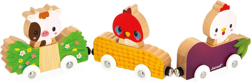 Janod Farm Wooden Animal Car Train Push and Go Playset - Ages 18 months- 3 years - J03316