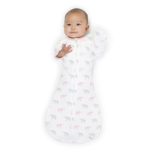 Amazing Baby Transitional Swaddle Sack with Arms Up Half-Length Sleeves, Large, 6-9 Months, Tiny Elephants, Pink