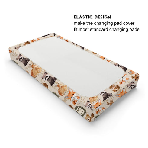 Cute Woodland Animals Changing Pad Covers Bear Raccoon Deer Rabbit Hedgehog Retro Floral Diaper Changing Table Cover Sheets for Boys Girls Soft Stretchy Snug Fitted Diaper Change Table Mats 32''x16''