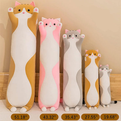 Long Gray Cat Plush Pillow Toy - Cute Cartoon Cat Stuffed Animal, Soft Long Body Pillow Gift for Kids (35.43in)