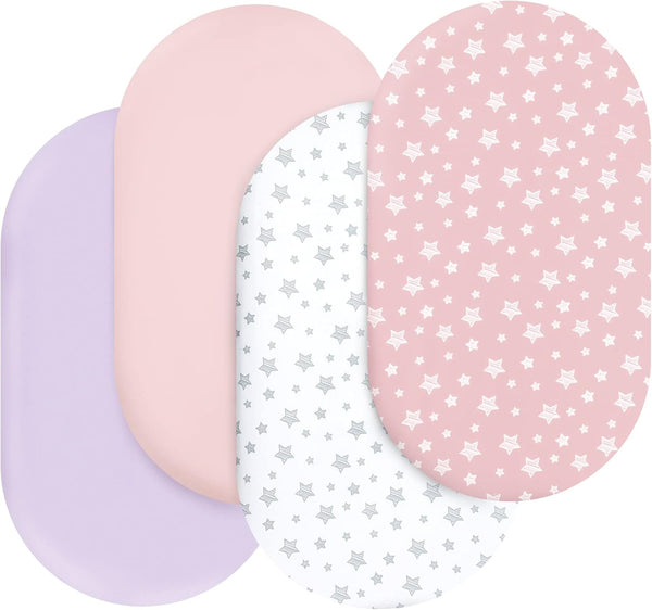 Bassinet Sheets Set 4 Pack for Baby Girl, Universal Fit for Oval,