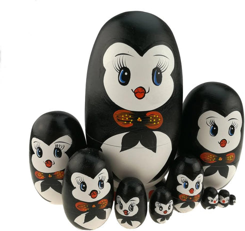 Apol Lovely Penguin with Bowtie Handmade Wooden Russian Nesting Dolls Set, 10 Pieces in a Box