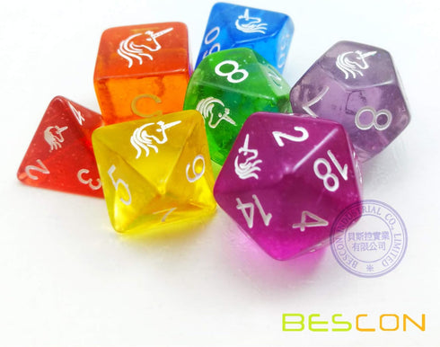 Bescon Colorful Unicorns Rainbow Sparkled Polyhedral D&D Dice Set of 7 RPG Role Playing Game