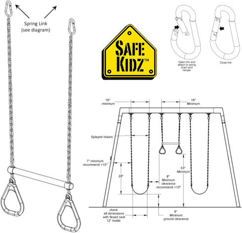 18" Trapeze Swing Bar Rings with 48" Heavy Duty Chain & Carabiners (Green)
