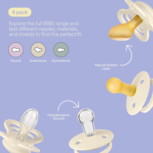 4-Pack Symmetrical 0-6 BIBS Try-It Collection | Soothers | BPA-Free Round, Anatomical & Nipple | Natural Rubber