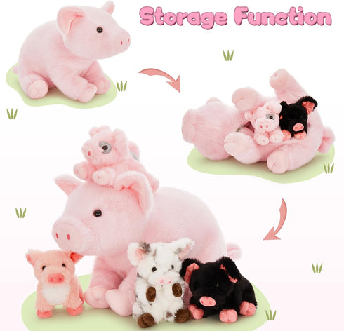 5Pcs 16 Inch Mommy 4 Pig Stuffed Animal, Pig Plush with Soft Cuddly Baby Piggy Plushies in Mother Pig's Belly, Kawaii