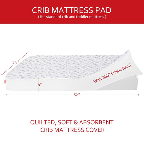 52" 28" 8", Crib Mattress Protector Waterproof, Quilted Crib Mattress Pad Cover x Extra Soft Breathable Toddler Bed
