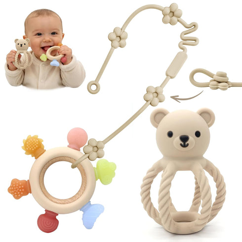 3Pcs Baby Silicone Teether Toy Set - Food-Grade Silicone Teething Relief Toys,Wooden