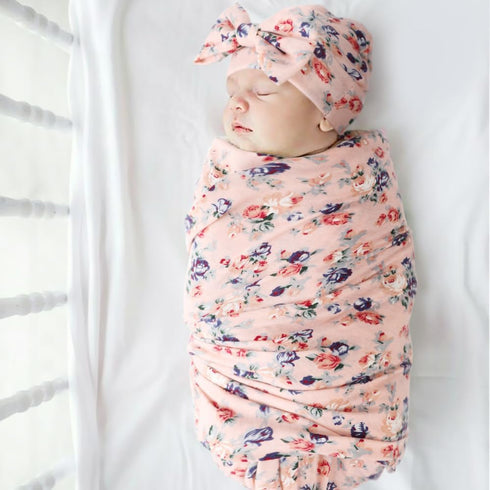 BQUBO Baby Girl Newborn Receiving Blanket with Bow Hat Headband, Wooden Birth Announcement Card Set