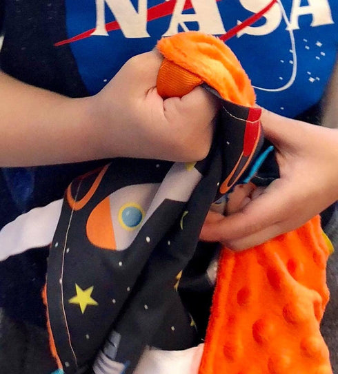 Baby Sensory Security & Teething Closed Ribbon Tag Lovey Blanket with Minky Dot Fabric, 14X18 (Outer Space)