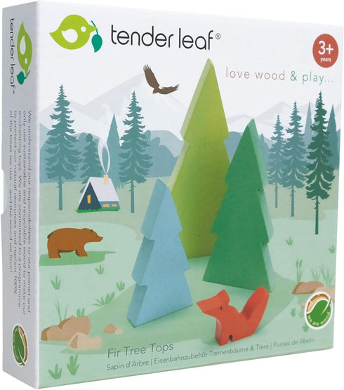 Tender Leaf Toys Fir Tops Set of Three Wooden Fir Trees and a Fox for Kids Train Accessories