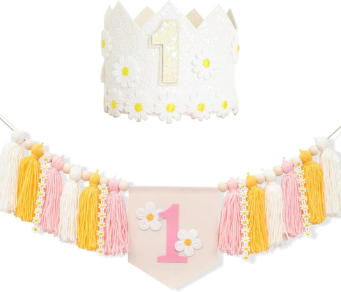 First Birthday High Chair Banner Decorations for Girl,Daisy First Crown Hat,Baby Girl