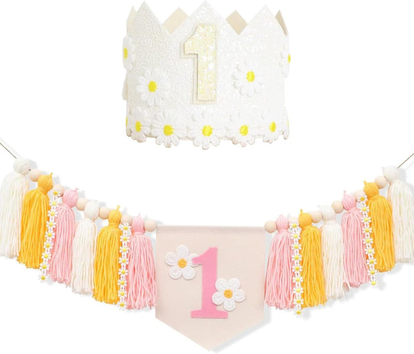 First Birthday High Chair Banner Decorations for Girl,Daisy First Crown Hat,Baby Girl