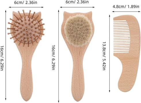 KITCHENKARATLY 3pcs Set: Newborn Bathing Brush and Comb Infant Hair Tools with Cat Head Wool Comb - Cat Airbag Detangle