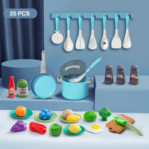 35Pcs Playset Set, Kids Kitchen Toy Accessories, Toddler Pretend Cooking with Play Pots, Pans, Utensils, Cookware, Play