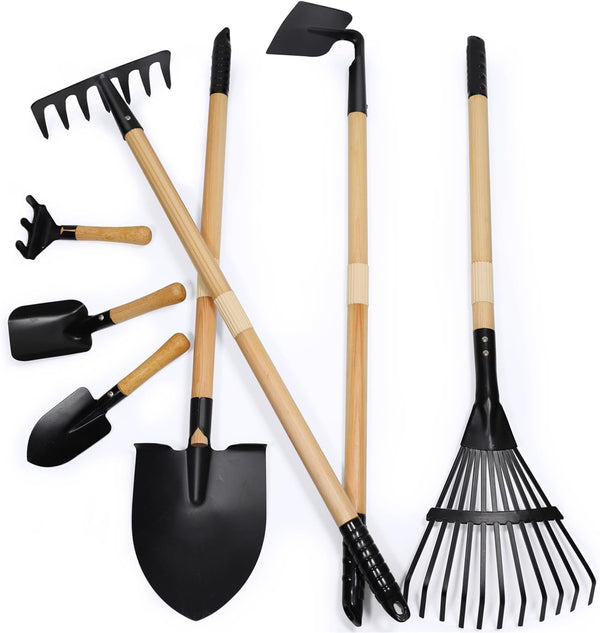 7PCS Kids Gardening Tools, Long Shovel, Rake for Leaves, Spade, Hoe, Steel