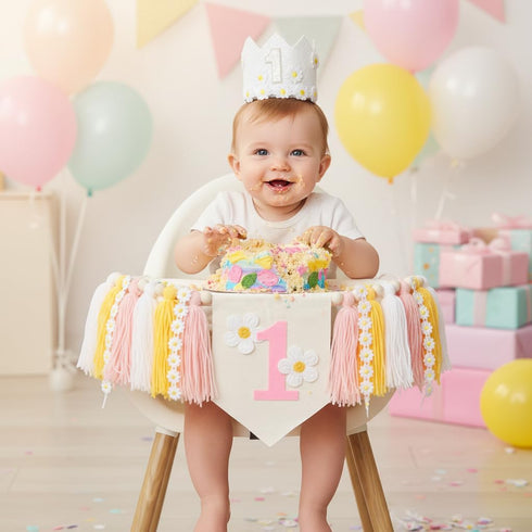 1st First Birthday High Chair Banner Decorations for Girl,Daisy First Crown Hat,Baby Girl Birthday Decorations Tassel