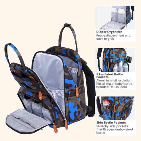 Set Navy Blue Portable Changing Pad with Camo Diaper Bag