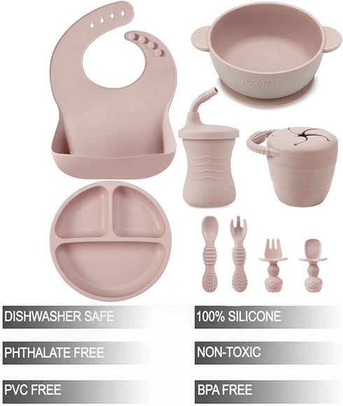 PandaEar Silicone Baby Feeding Set | 9PCS Baby Led Weaning Supplies Self Feeding Utensils | Divided Suction Plate Bowl Bibs Sippy Cup with Baby Snack Container Spoons Forks (Pink) by PandaEar
