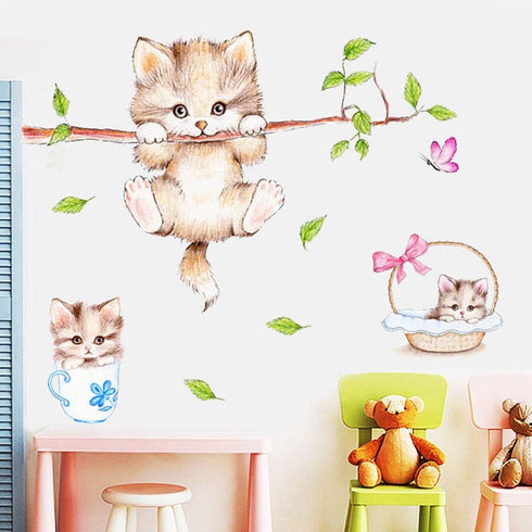 Kiddale Cute Cat Wall Decals - Removable Cat Tree Branches Butterfly Wall Stickers for Kids Rooms Nursery Decoration