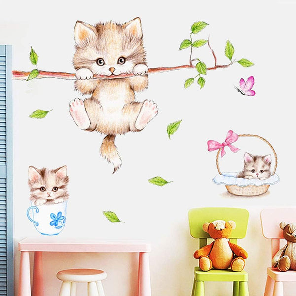 Kiddale Cute Cat Wall Decals - Removable Cat Tree Branches Butterfly Wall Stickers for Kids Rooms Nursery Decoration