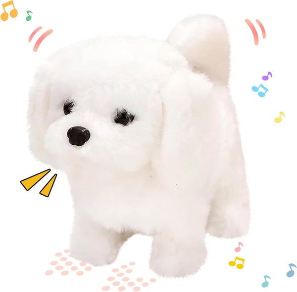 Hopearl 7'' White Bichon Interactive Electronic Pet Plush Toy, Woof and Moving Animated Nodding Head Gift for Toddlers